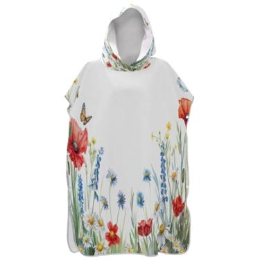Imagem de Joisal Roupão para adultos poncho de surfe toalha de banho com capuz tamanho grande aquarela flores silvestres borboleta homens mulheres poncho com capuz