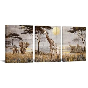 Imagem de Biuteawal 3 peças de arte de parede africana animais safári impressões de imagens animais selvagens girafa elefante e leopardo pintura em tela marrom banheiro casa escritório decoração emoldurada