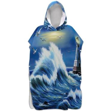 Imagem de Joisal Poncho de surfe para adultos trocador de roupa de banho com capuz bonito plus size onda azul farol oceano praia ponchos para homens