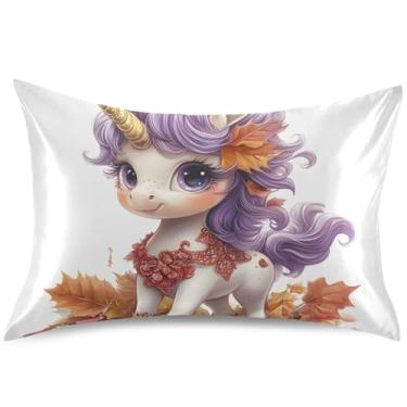 Imagem de Lindas capas de almofada de cetim com folhas de outono de unicórnio para resfriamento de cabelo, capa de travesseiro premium padrão queen king decoração de cama, tamanho Queen, 76 cm x 50 cm