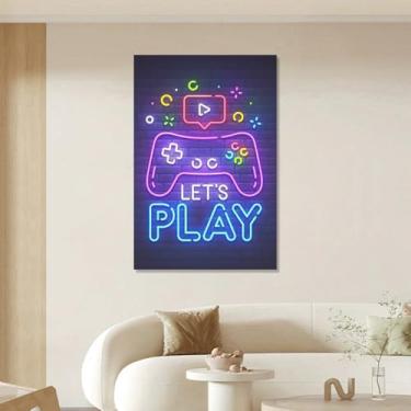 Imagem de 1 peça "Let's Play" controle de jogo arte de parede estilo neon brilhante impressão de pôster para sala de jogos, quarto, sala de estar, escritório em casa, estudo, fliperama, 30 x 45 cm
