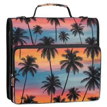 Imagem de Bolsa organizadora de fichário de palmeiras tropicais laranja com zíper, 3 argolas de 3 cm com alça, estojo grande com alça e vários bolsos para documentos escolares ou de escritório