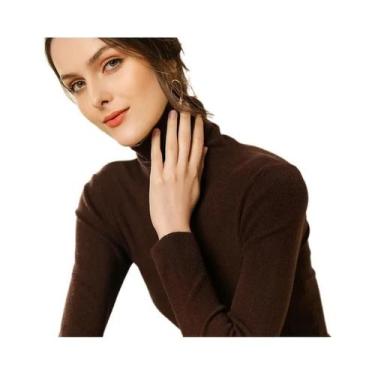 Imagem de Suéter Feminino Marrom De Gola Alta, Ajuste Slim, Casual, Pulôver Sóli