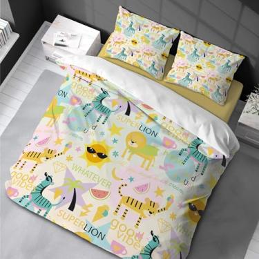 Imagem de Lindo conjunto de capa de edredom de leão tigre tamanho king size desenho animado animal colorido casal conjunto de três peças roupa de cama infantil 220 x 240 cm -50 x 75 cm * 2