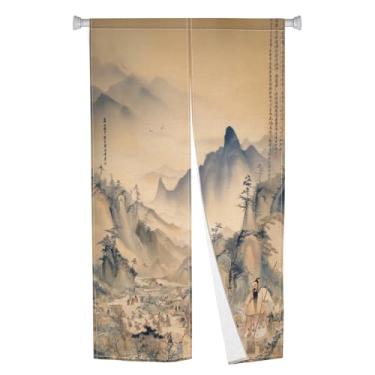 Imagem de XMJJKUF Noren Cortina de porta japonesa estilo vintage tratamento de janela tapeçaria de porta longa painel padrão de montanha de poliéster para Ukiyoe Divisor de privacidade de quarto decoração de