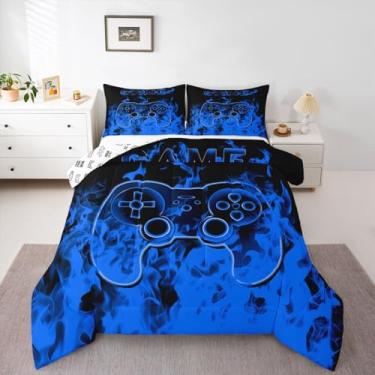 Imagem de Feelyou Jogo de cama para crianças, meninos, meninas, jogadores, tamanho casal, azul, smokey, console de jogos, edredom para decoração de quarto, respirável, macio, leve, de microfibra, 3 peças