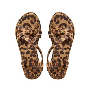 Imagem de GORGLITTER Sandálias rasteiras femininas de leopardo Y2K com tiras cruzadas e bico aberto nas costas e chita, Marrom, 39
