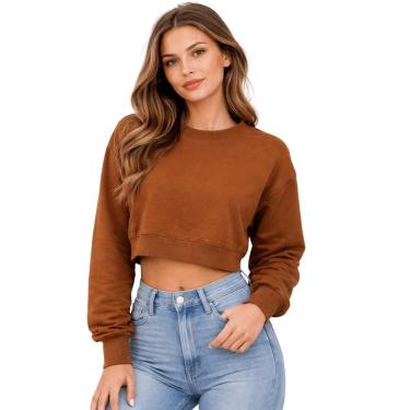 Imagem de Blusa Cropped Moletom Manga Longa Básica Feminina Lunender 00083 Marrom-Feminino