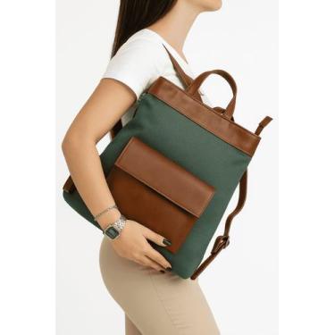 Imagem de Mochila Feminina de Lona e Couro Pati Zup - Zup Bags, Verde