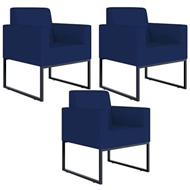 Imagem de Kit 03 Poltronas Decorativas Sala Recepção Base Fixa Metal Helô L02 Suede Azul Marinho - Lyam Decor