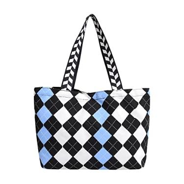 Imagem de Bolsa tiracolo xadrez de lona grande capacidade para mulheres bolsa de compras reutilizável lavável casual bolsa de ombro, Azul, Large