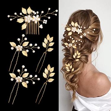 Imagem de 5 alfinetes de cabelo para noivas de casamento, folha dourada, strass, pérola, alfinetes, acessórios de cabelo vintage para noivas, damas de honra, meninas (cristal de pérola de folha)