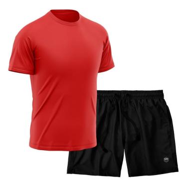 Imagem de Kit Short + Camiseta Dry Treino Fitness Academia Bermuda Camisa Praia Esporte Vermelho-Masculino