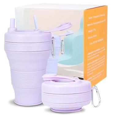 Imagem de QJJIPP Copo de viagem dobrável Limpid Eyes – lilás, 600 ml, garrafa de silicone reutilizável à prova de vazamento para bebidas quentes e frias – Camping e caminhadas – Seguro para lava-louças – Canudo