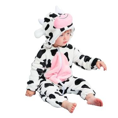 Imagem de Fantasia unissex de animais de flanela para o Natal e Halloween, macacão infantil com capuz de vaca de inverno para bebê menino com zíper frontal macacão cosplay 70