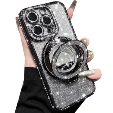 Imagem de Changjia Capa com suporte de glitter para iPhone 13 Pro Max, luxuosa, brilhante, diamante, strass, com protetor de câmera, anel de fluxo líquido, suporte de TPU (poliuretano termoplástico), capa