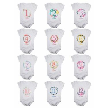 Imagem de Kit body bebê mesversario manga curta flores 12 bodies 1 a 12 meses - 