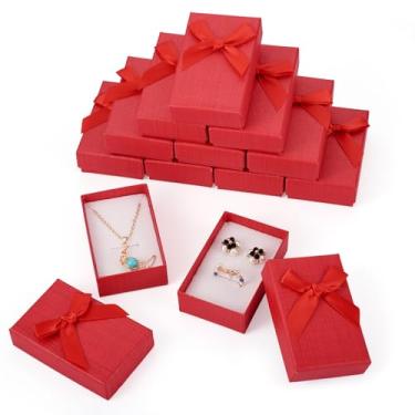 Imagem de Boutigem Pacote com 12 caixas de joias de papelão com tampas, caixas de presente vermelhas para dia dos namorados com laço padrão de listras retangulares, caixas de embalagem de joias, colar, brinco,