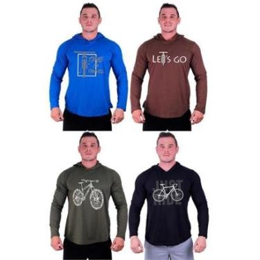 Imagem de Kit 4 Camisetas Manga Longa com Touca Longline Estampada Fitness Musculação Dia-a-Dia-Masculino