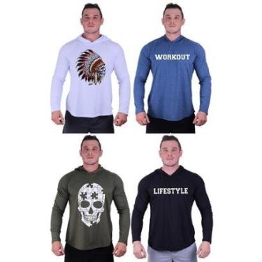 Imagem de Kit 4 Camisetas Manga Longa com Touca Longline Estampada Treino Academia Lazer Casual-Masculino