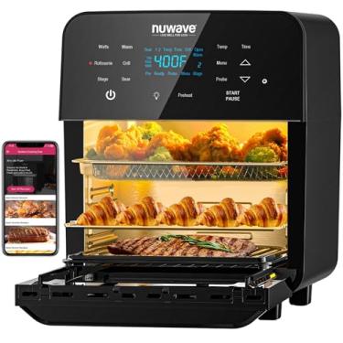 Imagem de Nuwave Brio Air Fryer Smart Forn, 15,5 litros tamanho família grande, combo de grelha de convecção de bancada, cesta de assadeira SS e kit de espeto, chapa de grelha ultra antiaderente reversível incluída