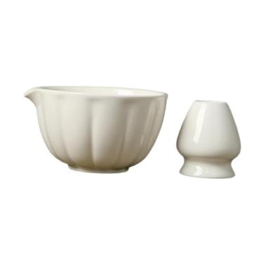 Imagem de Bothyi Tigela de Matcha de cerâmica, xícara de chá verde com presente de bico, artesanato de 420ml de porcelana de porcelana, Bowl Bowl para amigos da, Branco com Suporte
