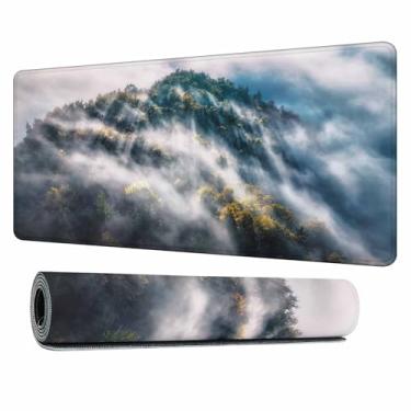 Imagem de Y YIHANGBEST Tapete de mouse com paisagem nebulosa, mesa completa, montanhas, nuvens, nascer do sol, colinas, árvores, primavera, grande, mousepad para jogos para teclado PC, casa, escritório, 90 x 40