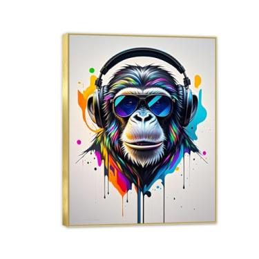 Imagem de Arte de parede de macaco grande Street Graffiti Canvas Decoração de parede Abstrata DJ Chimpanzé Macaco emoldurado impressões de arte banksy Poster decoração de quarto para homens 80 x 60 cm (32 x 24