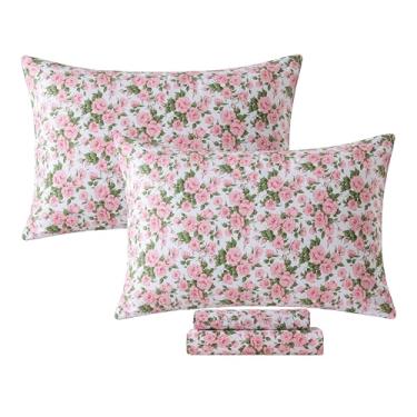 Imagem de FADFAY Conjunto de lençóis casal floral rosa e peônia rústica, estilo fazenda vintage, 100% algodão, ultramacio e respirável, com lençol com elástico de bolso fundo, 4 peças