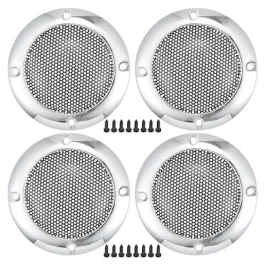 Imagem de ACROPIX Capa universal de grade de alto-falante de carro de 5 cm redonda de malha de 5 cm caixa protetora de subwoofer com parafusos de montagem tom prateado - pacote com 4