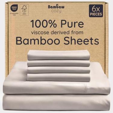 Imagem de Bambaw Jogo King Size 100% viscose derivado de lençóis de bambu – 6 peças de lençol King com bolso profundo, cabe até 40,6 cm com alças elásticas nos cantos, jogo de cama super macio (areia)