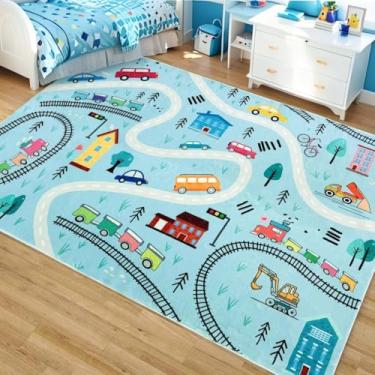 Imagem de Lacomfy Tapete de brinquedo infantil 1,8 m grande tapete de carro azul mapa de estrada tapete de sala de jogos, tráfego rodoviário, aventura, tapete educativo para decoração de quarto de bebê, 10 x