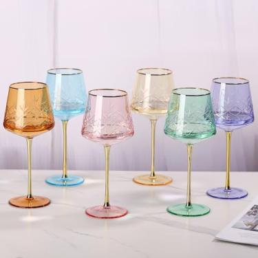 Imagem de SIPBYSOP Conjunto de 6 taças de vinho coloridas – aro e haste douradas, vidro gravado à mão, taças de vinho de cristal de 510 g, taças de vinho multicoloridas para vinho tinto e branco