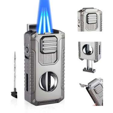 Imagem de VloEssic Isqueiro de tocha recarregável de butano, isqueiro de butano triplo com punção, lanterna à prova de vento com cortador em V, isqueiro pequeno 5 em 1 (sem gás) (preto escovado)