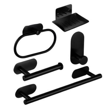 Imagem de Kit Acessorios Banheiro Aço Inox Autoadesivo 5 Peças Preto - Phillip L