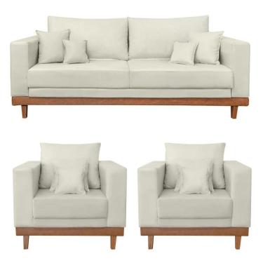 Imagem de Kit 2 Poltronas Living + Sofá 3 Lugares Base Madeira Suede Bege