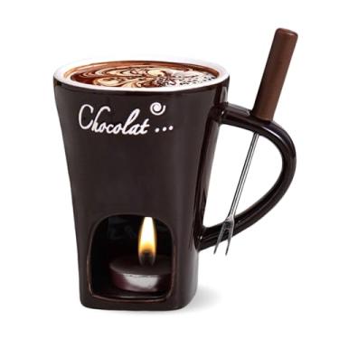 Imagem de AMZWISH Mini copo de fondue doce, caneca aquecedor de café de cerâmica, copo portátil de derretimento de chocolate com garfo para queijo, ótimo para adultos/crianças para acampamento/encontro/noite de