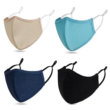 Imagem de Máscara facial de tecido respirável com 3 camadas ajustáveis, laváveis, reutilizáveis, máscaras esportivas pretas de algodão para adultos unissex (pacote com 4) (G - preto/azul marinho/azul celeste