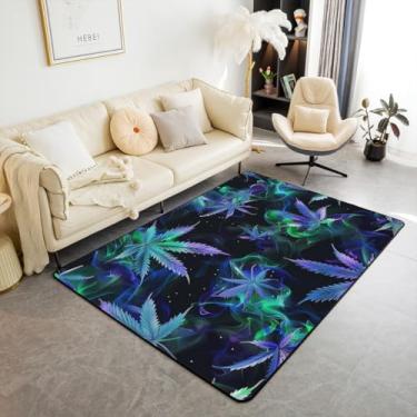 Imagem de Tapete de área de folhas de cannabis, 9,5 x 1,5 m, tapete psicodélico roxo com folha de maconha para sala de estar e quarto, tapete decorativo triplo neon verde neblina fumaça para sala de estar
