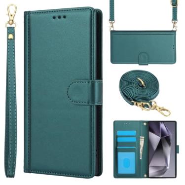 Imagem de Tcaraersing Capa carteira para Samsung Galaxy S23 Ultra com suporte para cartão e alça de pulso cordão transversal feminino, porta-cartões de crédito flip bolsa de couro com suporte para celular para