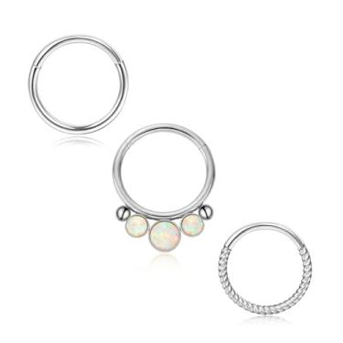 Imagem de Fiiuos 3 anéis de nariz, argolas de aço cirúrgico 316L, zircônia/opala, 16G, piercing de septo, argola articulada, cartilagem, hélice, tragus, concha, torre, lóbulo daith, argola sem costura, unissex