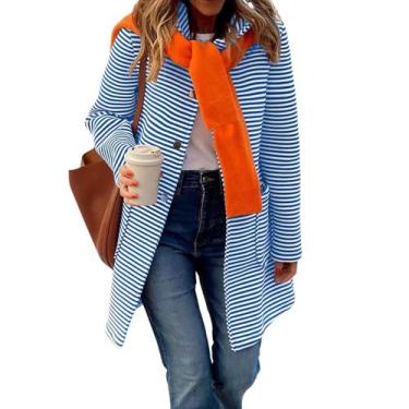 Imagem de Suéter de cardigã feminino chouyatou, colorido, listrado, azul