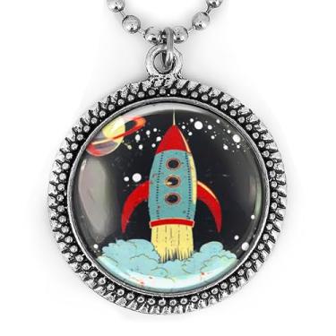 Imagem de Colar com pingente de foguete retrô - ilustração vintage de nave espacial, arte de foguete de brinquedo, prata ou preto, corrente de bola de 61 cm - 243-RN, grande, metal, sem pedra preciosa