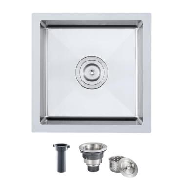 Imagem de MENATT Pia de barra pequena de 38 x 38 cm, montagem inferior para pia de cozinha feita à mão de aço inoxidável escovado, pia de cozinha de tigela única com filtro, D38 x 38 cm x L 38 cm x A 15 cm