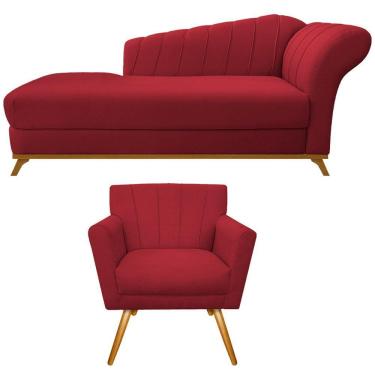 Imagem de Kit Diva Recamier Vanessa 160cm Lado Esquerdo E 01 Poltrona Laura Suede Cor Vermelho