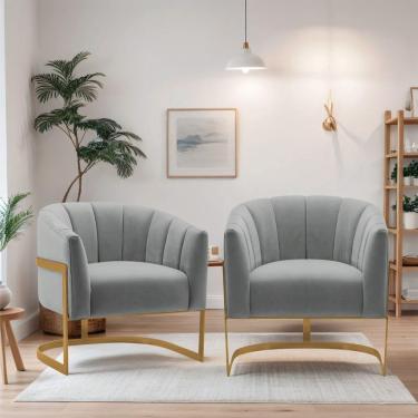Imagem de Kit 2 Poltronas De ativas Sala De Estar Mavie Base De Ferro Dourado Bouclé Móveis Cinza