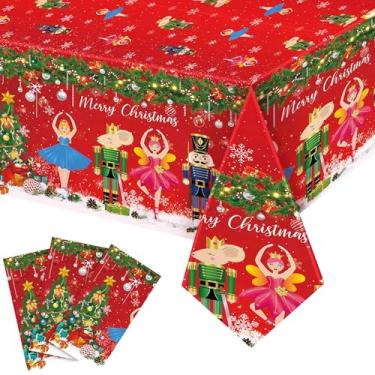 Imagem de WovWeave 3 peças de toalha de mesa de Natal quebra-nozes 137 x 260 centímetros retangular de Natal quebra-nozes capa de mesa de plástico soldado nogueira feliz natal toalha de mesa descartável para