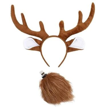 Imagem de Conjunto de tiara e cauda de chifres de rena, acessórios de fantasia de Natal de pelúcia de veado marrom, festas de fim de ano