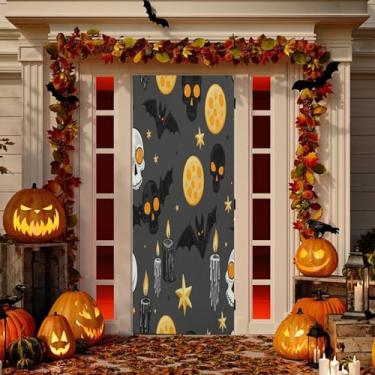 Imagem de Wassud Decoração de capa de porta de morcegos pretos e caveira faixa interna externa decoração de casa de varanda grande decoração de porta da frente 96 x 98 polegadas