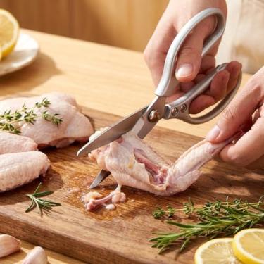Imagem de Tesoura de cozinha – Tesoura de cozinha resistente de aço inoxidável de 21 cm com alça de liga de alumínio, tesoura multiuso afiada para cortar carne, peixe, legumes, aves, uso na cozinha, prata